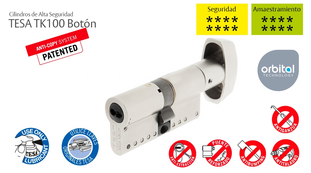 Tesa Assa Abloy TK100 - Cilindro de Alta Seguridad, Doble Embrague -  Cerraduras, Bombines, Mirillas